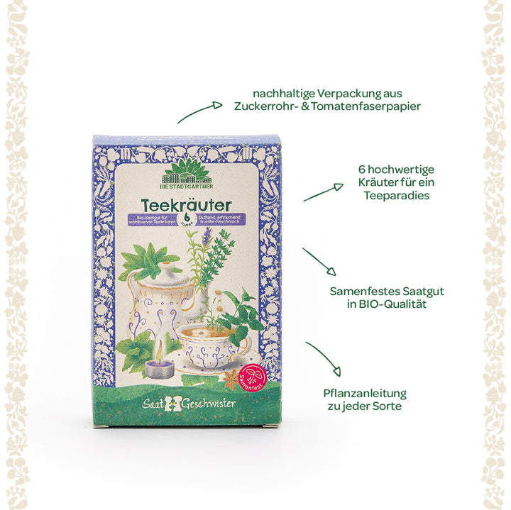 Envase de semillas de té de hierbas orgánicas con seis variedades de hierbas, papel de fibra de caña de azúcar y tomate sostenible, plantas ilustradas e información sobre la calidad orgánica e instrucciones de cultivo.