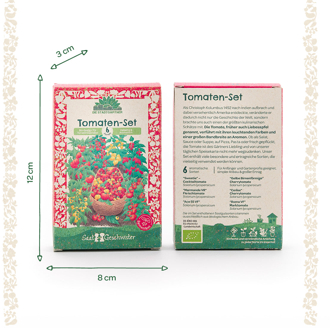 Dos paquetes de tomates de cartón con un diseño floral colorido y descripciones y medidas detalladas (12 cm x 8 cm x 3 cm) sobre un fondo blanco.