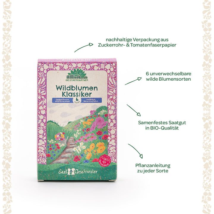 Pack “Clásicos de Flores Silvestres” con un colorido motivo floral, embalaje sostenible elaborado con papel de fibra de caña de azúcar y tomate, semillas orgánicas, 6 variedades de flores silvestres e instrucciones incluidas.
