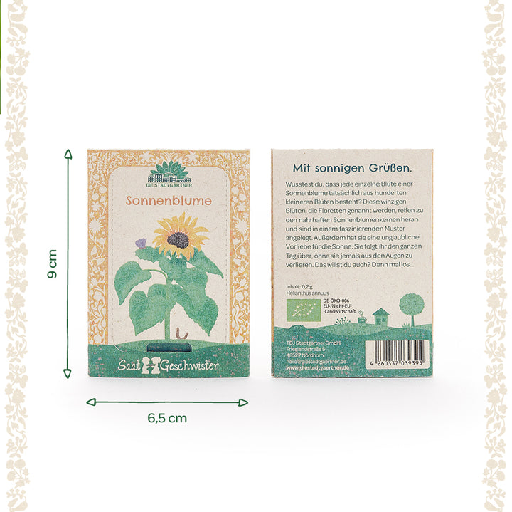 Dos paquetes de semillas de girasol de la marca "SaatGeschwister" con dimensiones visibles por delante y por detrás; por delante con ilustración de girasol, por detrás con texto descriptivo y código de barras.