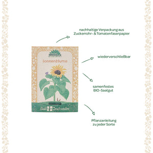 Paquetes de semillas de girasol elaborados con papel de fibra de caña de azúcar y tomate sostenibles, resellables, con semillas orgánicas de polinización abierta e instrucciones de siembra.