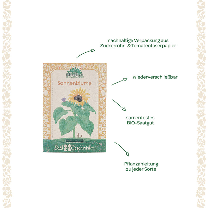 Paquetes de semillas de girasol elaborados con papel de fibra de caña de azúcar y tomate sostenibles, resellables, con semillas orgánicas de polinización abierta e instrucciones de siembra.