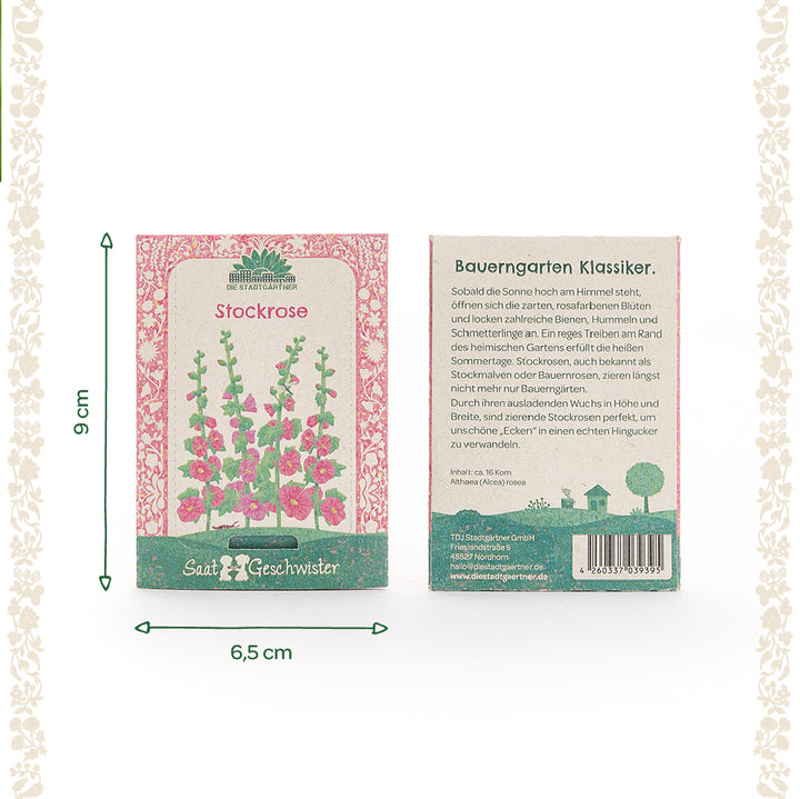 Dos paquetes de semillas de malvarrosa de Saatgeschwister, uno con una ilustración de las flores y otro con una descripción en alemán; dimensiones 9 cm de alto y 6,5 cm de ancho.