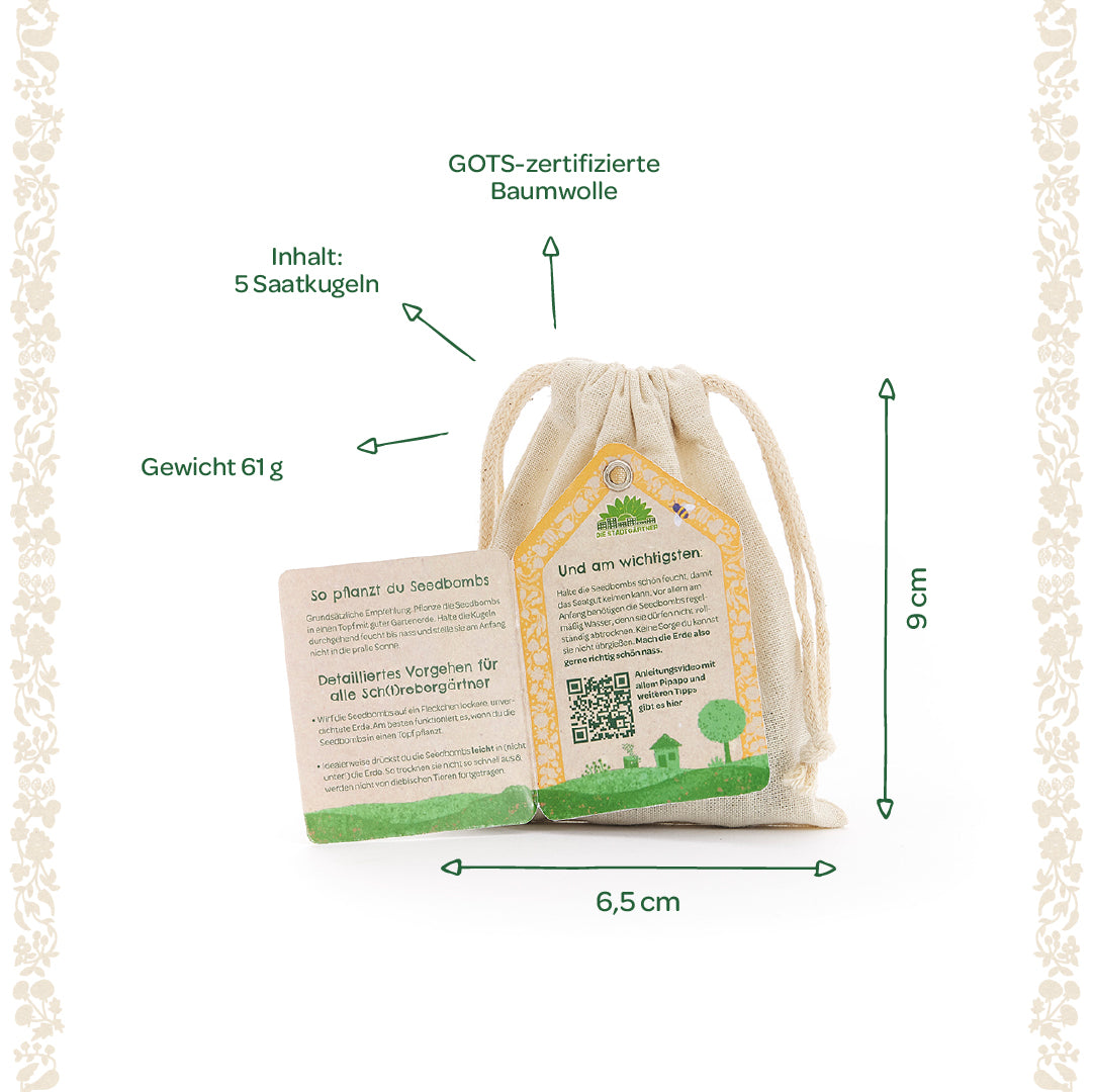 Bolsa de algodón con certificación GOTS con instrucciones, contiene 5 bolas de semillas, peso 61 g, dimensiones 9 x 6,5 cm.
