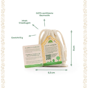 Bolsa de algodón con certificación GOTS con instrucciones, contiene 5 bolas de semillas, peso 61 g, dimensiones 9 x 6,5 cm.