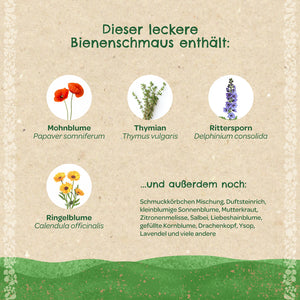 Alt="Gráfico con diversas plantas beneficiosas para las abejas: amapola (Papaver somniferum), tomillo (Thymus vulgaris), espuela de caballero (Delphinium consolida) y caléndula (Calendula officinalis). También se incluye una lista de otras especies de plantas."