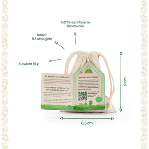 Pequeña bolsa de algodón con certificación GOTS con 5 bolas de semillas, 61 g de peso, 6,5 cm de ancho y 9 cm de alto, con instrucciones de plantación en alemán.