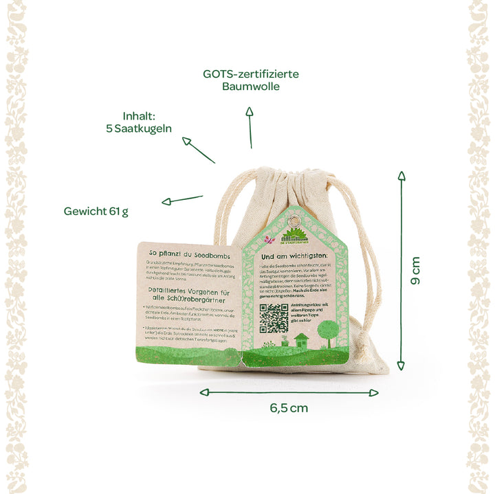Pequeña bolsa de algodón con certificación GOTS con 5 bolas de semillas, 61 g de peso, 6,5 cm de ancho y 9 cm de alto, con instrucciones de plantación en alemán.