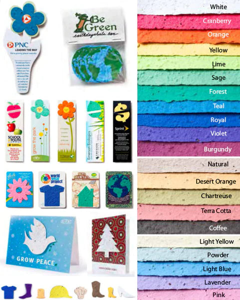 Diversos artículos promocionales respetuosos con el medio ambiente y productos impresos de papel reciclado con semillas, así como muestras de color en una variedad de tonos.