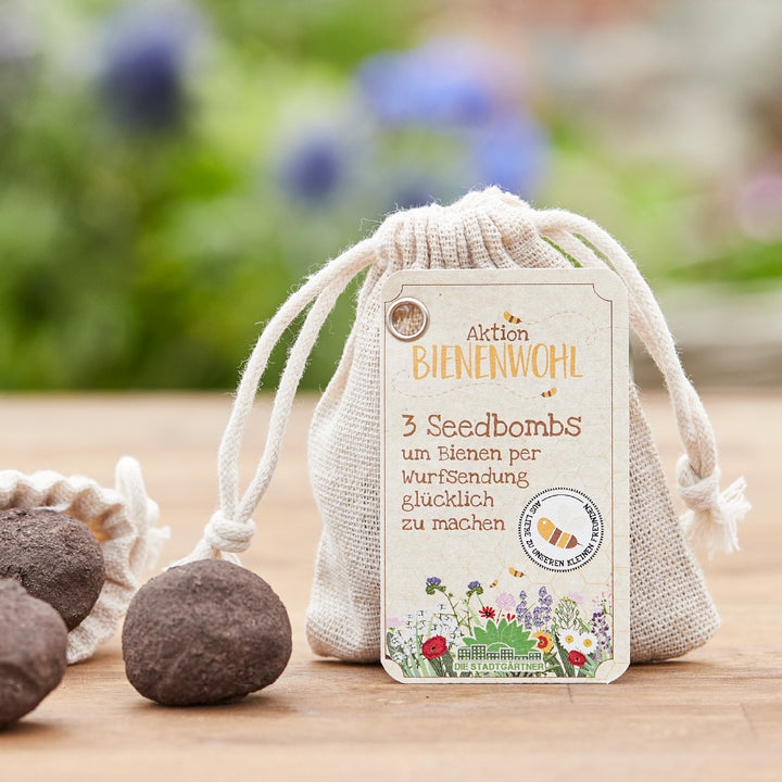 Bolsa con la etiqueta "Aktion Bienenwohl" y tres bombas de semillas sobre una mesa de madera, con flores borrosas al fondo.