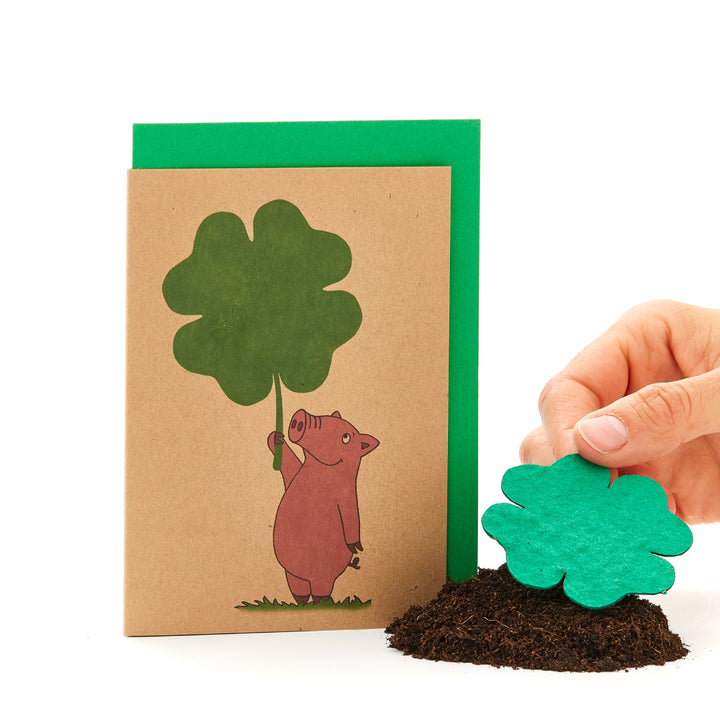 Mano sosteniendo una hoja de trébol junto a una tarjeta de felicitación con un cerdo sosteniendo una hoja de trébol.