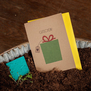 Tarjeta de cupón con ilustración de regalo en tierra junto a plantas jóvenes.