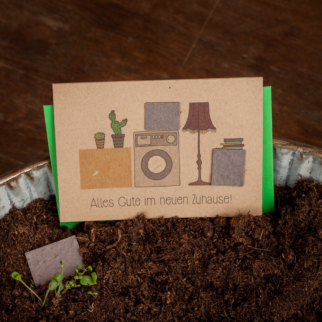 Tarjeta de felicitación con plantas en macetas, lavadora y lámpara, texto: ¡Todo lo mejor en tu nuevo hogar!