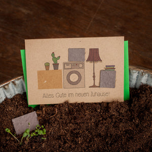 Tarjeta de felicitación con plantas en macetas, lavadora y lámpara, texto: ¡Todo lo mejor en tu nuevo hogar!
