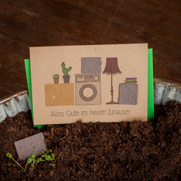 Tarjeta de felicitación con plantas en macetas, lavadora y lámpara, texto: ¡Todo lo mejor en tu nuevo hogar!