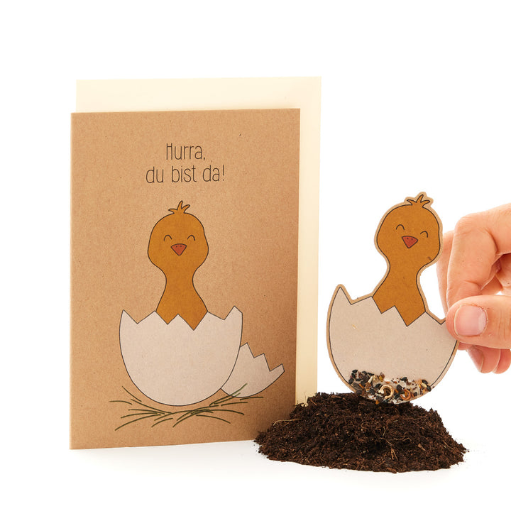 Tarjeta de felicitación con un pollito dibujado en un huevo y la inscripción "¡Hurra, estás aquí!", junto a ella una mano que clava una figura similar de pollito en el suelo.