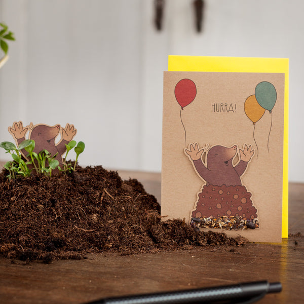 Una tarjeta de felicitación con un topo alegre, globos coloridos y las palabras "¡Hurra!", junto a una decoración de topo en el suelo con una planta verde.