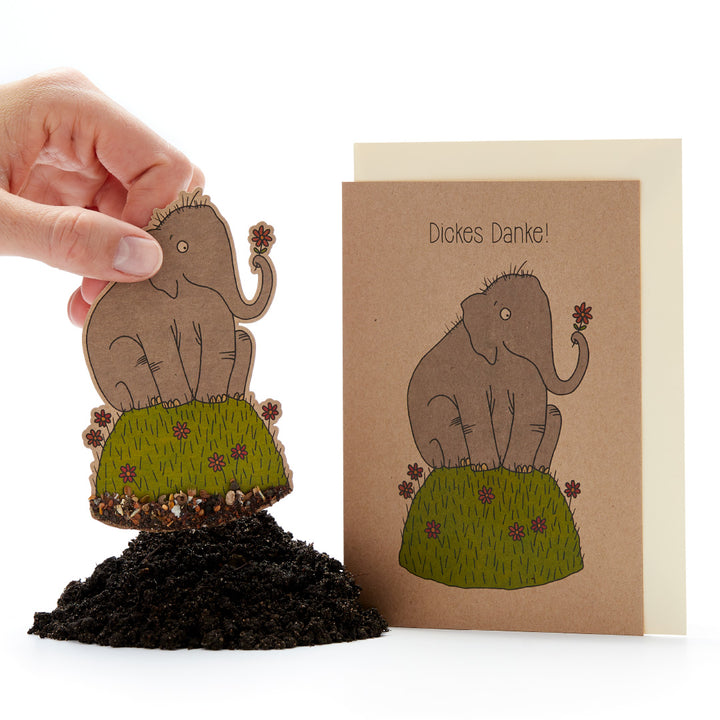 Mano sosteniendo una tabla de crecimiento de plantas con forma de elefante junto a una tarjeta de felicitación que dice "¡Muchas gracias!".