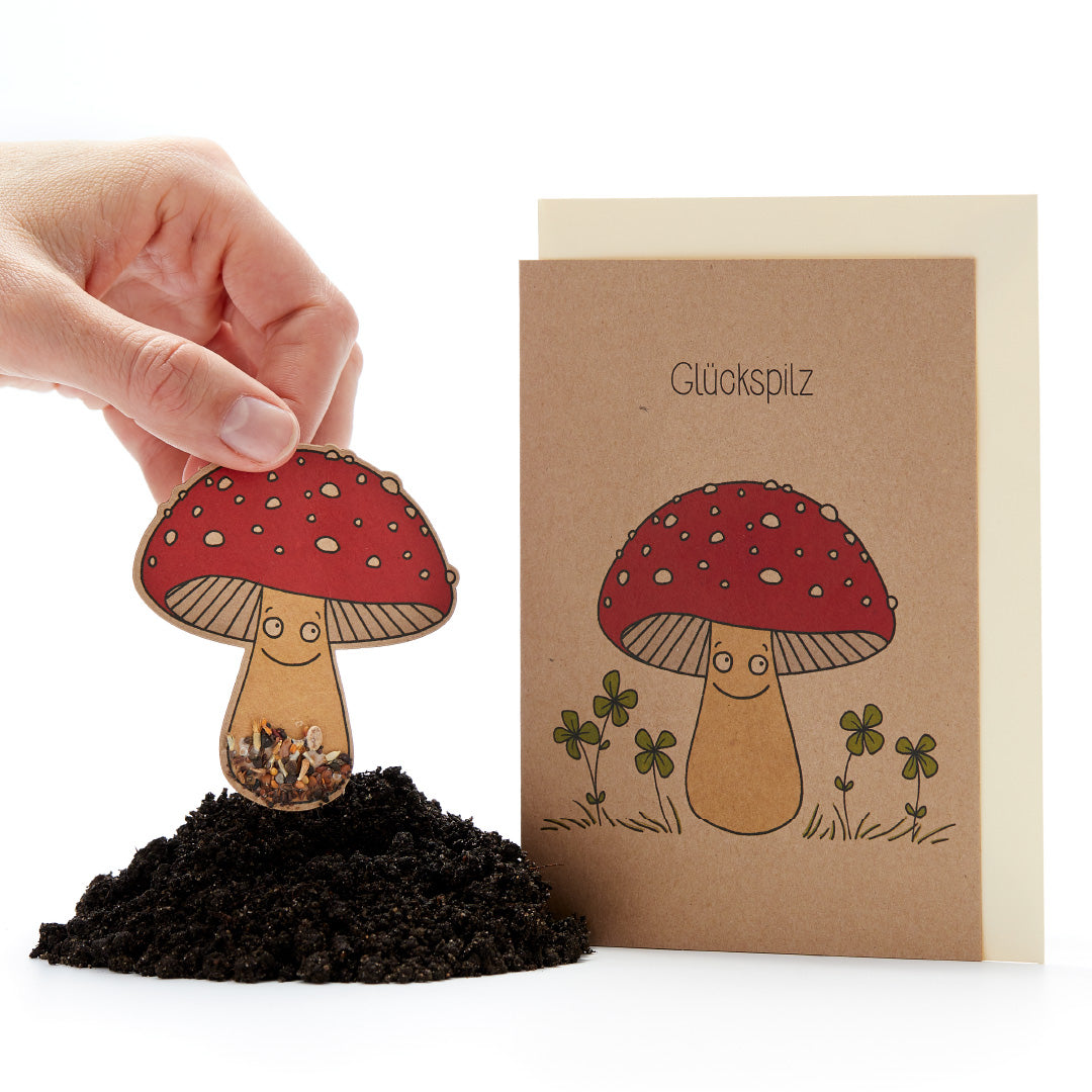 La mano coloca en el suelo una tarjeta con forma de hongo con semillas, junto a ella una tarjeta de felicitación con una amanita muscaria y la inscripción "Hongo de la suerte".