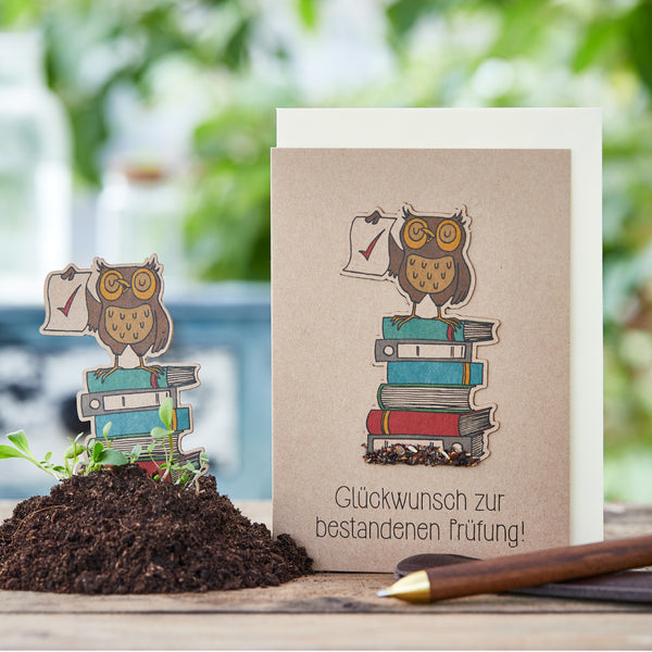 Tarjeta de felicitación con un búho sobre una pila de libros y el texto "Felicitaciones por aprobar el examen".
