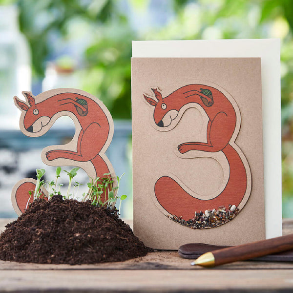 Un macizo de flores de ardilla con plantas en germinación y una tarjeta de felicitación con un diseño de ardilla en una mesa de jardín.