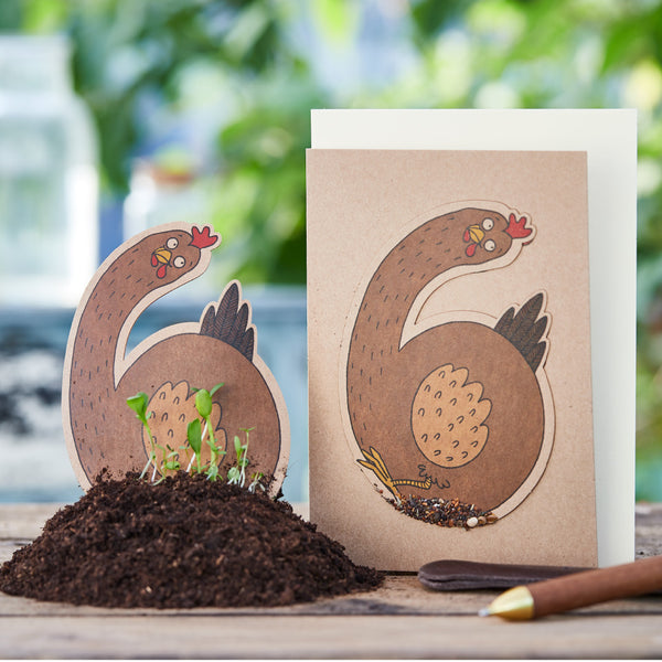 "Divertido dibujo de un pollo en una tarjeta de felicitación, de pie junto a una pala y un poco de tierra, con plántulas en primer plano".