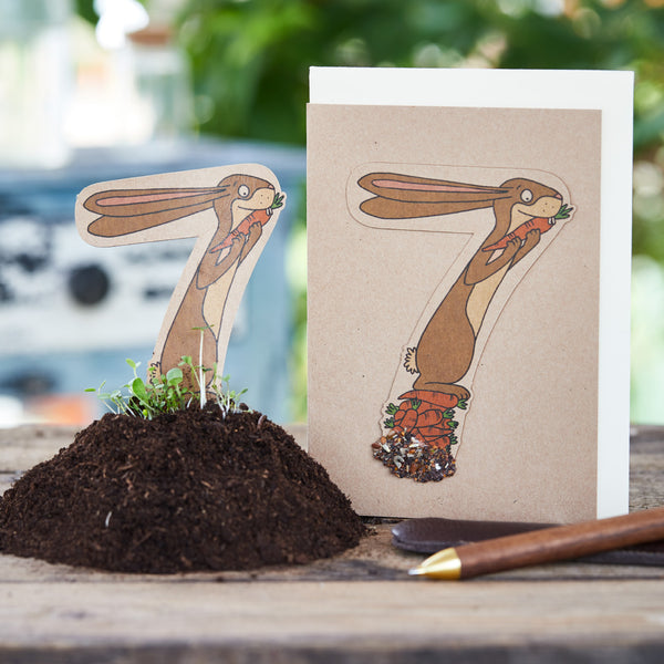 Tarjeta infantil con el número siete, que representa un conejo con una zanahoria, junto a él un macizo de flores con tierra y plantas.