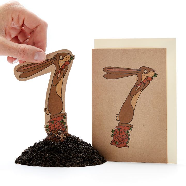 La mano sostiene una plantilla de papel de un conejo sobre la tierra de modo que la sombra en la tarjeta parece la del conejo comiendo una zanahoria.