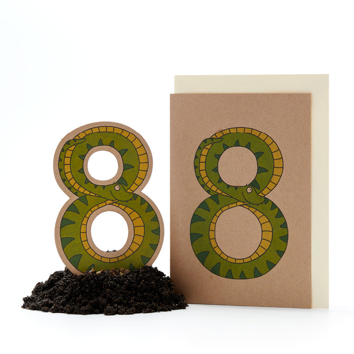 Tarjeta de cumpleaños y decoración del número ocho en forma de serpiente sobre fondo blanco.