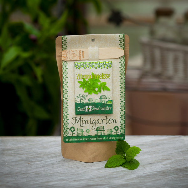 Envase de semillas de melisa sobre una superficie de madera con una planta de melisa fresca en primer plano.