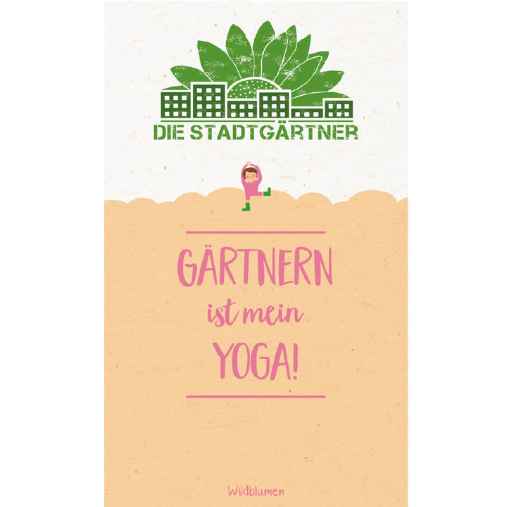 Ilustración con el texto "¡La jardinería es mi yoga!" y un gráfico de una persona en una pose de yoga, encima de "Los jardineros urbanos" y elementos urbanos con plantas.