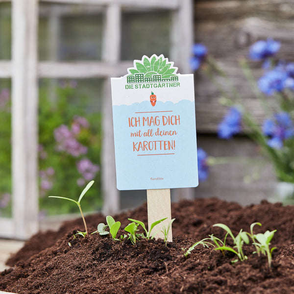 Cartel que dice "¡Te amo con todas tus zanahorias!" en un cantero del jardín.