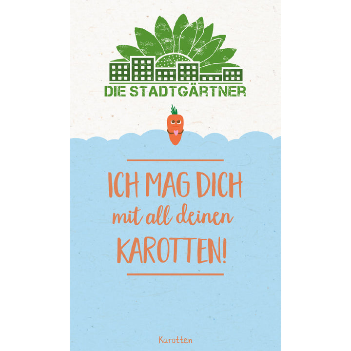Ilustración con el texto “Me gustas con todas tus zanahorias” y el logo “The City Gardeners”, acompañado de una figura de zanahoria sonriente.