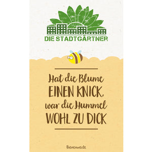 Ilustración con el logo verde de un Stadtgarten, una abeja dibujada y el lema “Si la flor está doblada, probablemente el abejorro estaba demasiado gordo” sobre un fondo amarillo.