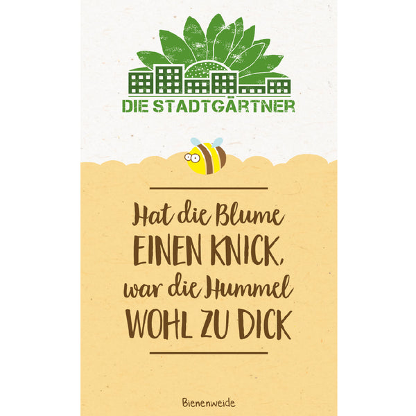 Ilustración con el logo verde de un Stadtgarten, una abeja dibujada y el lema “Si la flor está doblada, probablemente el abejorro estaba demasiado gordo” sobre un fondo amarillo.