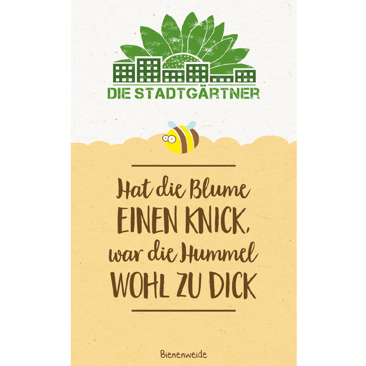 Ilustración con el logo verde de un Stadtgarten, una abeja dibujada y el lema “Si la flor está doblada, probablemente el abejorro estaba demasiado gordo” sobre un fondo amarillo.