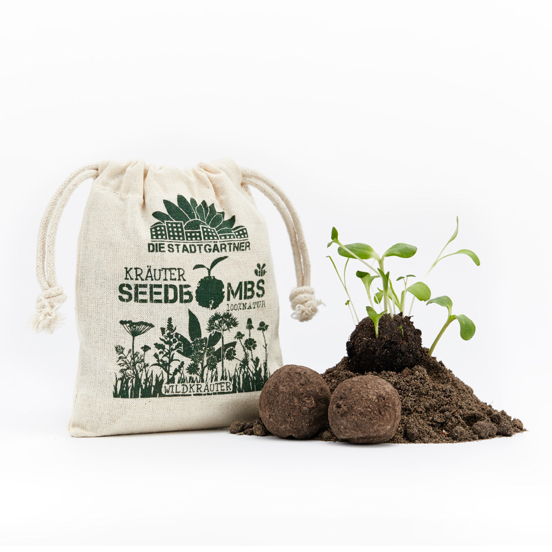 Pequeña bolsa con la etiqueta "Die Stadtgärtner Kräuter Seedbombs 100% Natur" junto a un montón de tierra con plantas jóvenes y bombas de semillas.