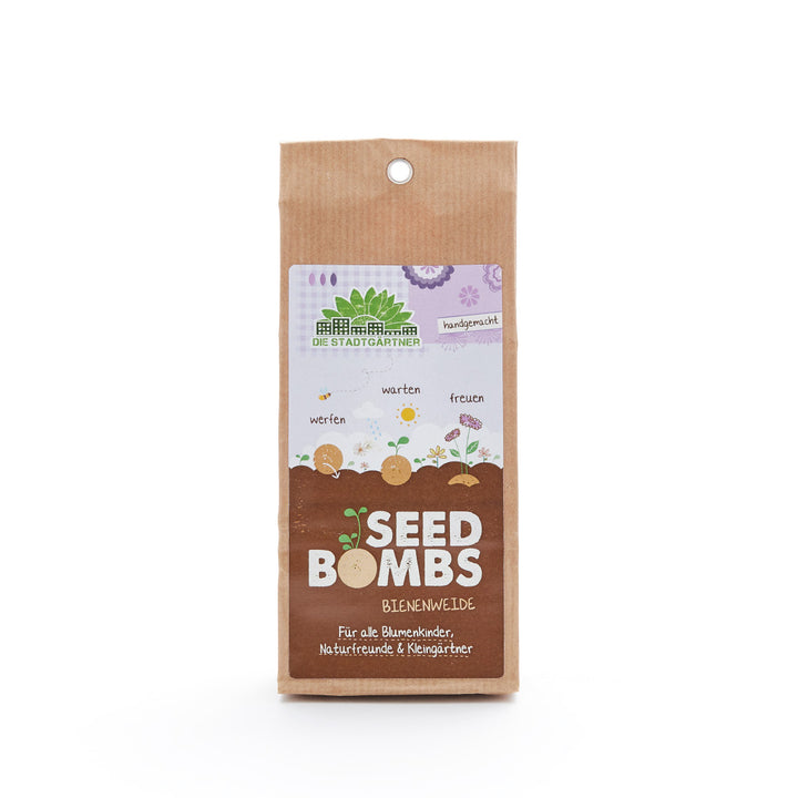 Embalaje marrón de “Bombas de Semillas Bee Pasture” con ilustraciones e instrucciones para sembrar las semillas.