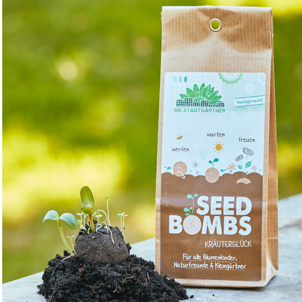 "Empaque de Seed Bomb con plántulas en el suelo en primer plano y un fondo verde borroso".