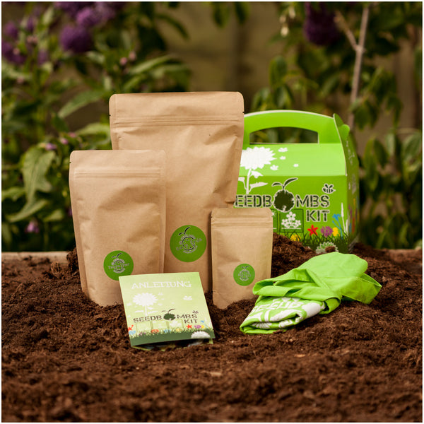Kit de jardinería con bombas de semillas, embalaje e instrucciones sobre la tierra, con plantas al fondo.