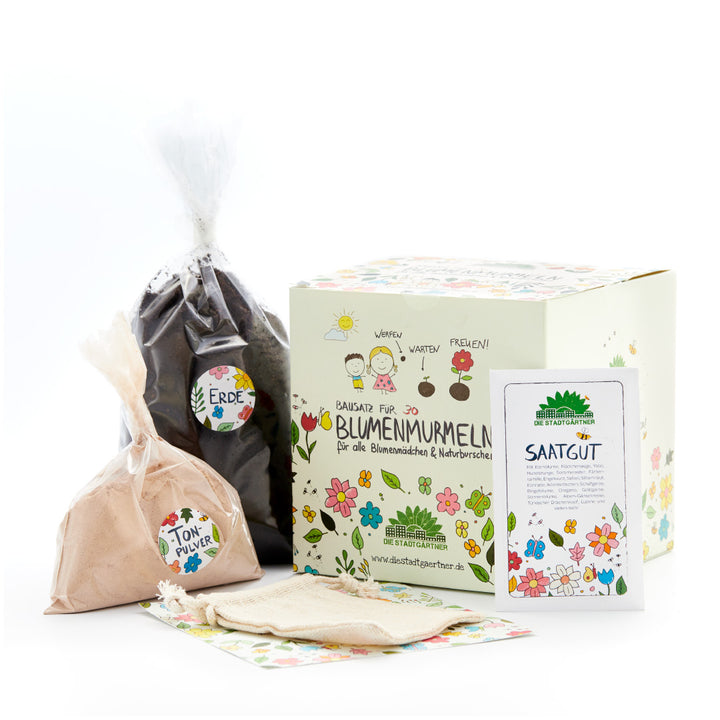 Juego de semillas de flores con caja, bolsa de tierra, bolsa de arcilla en polvo, bolsa de semillas y bolsa de tela, todo ilustrado con colores.
