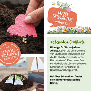 Un collage de tarjetas de felicitación hechas con papel con semillas que incorporan semillas de flores silvestres nativas en la tarjeta y una mano que planta un papel con semillas en forma de corazón en el suelo.