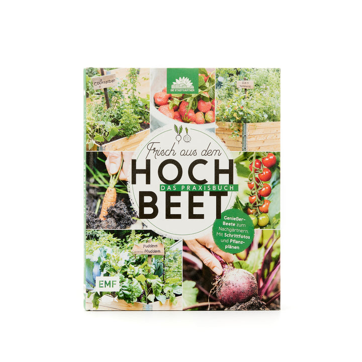 Libro de jardinería titulado "Recién salido del huerto elevado: la guía práctica" con imágenes de huertos, fresas y jardinería.