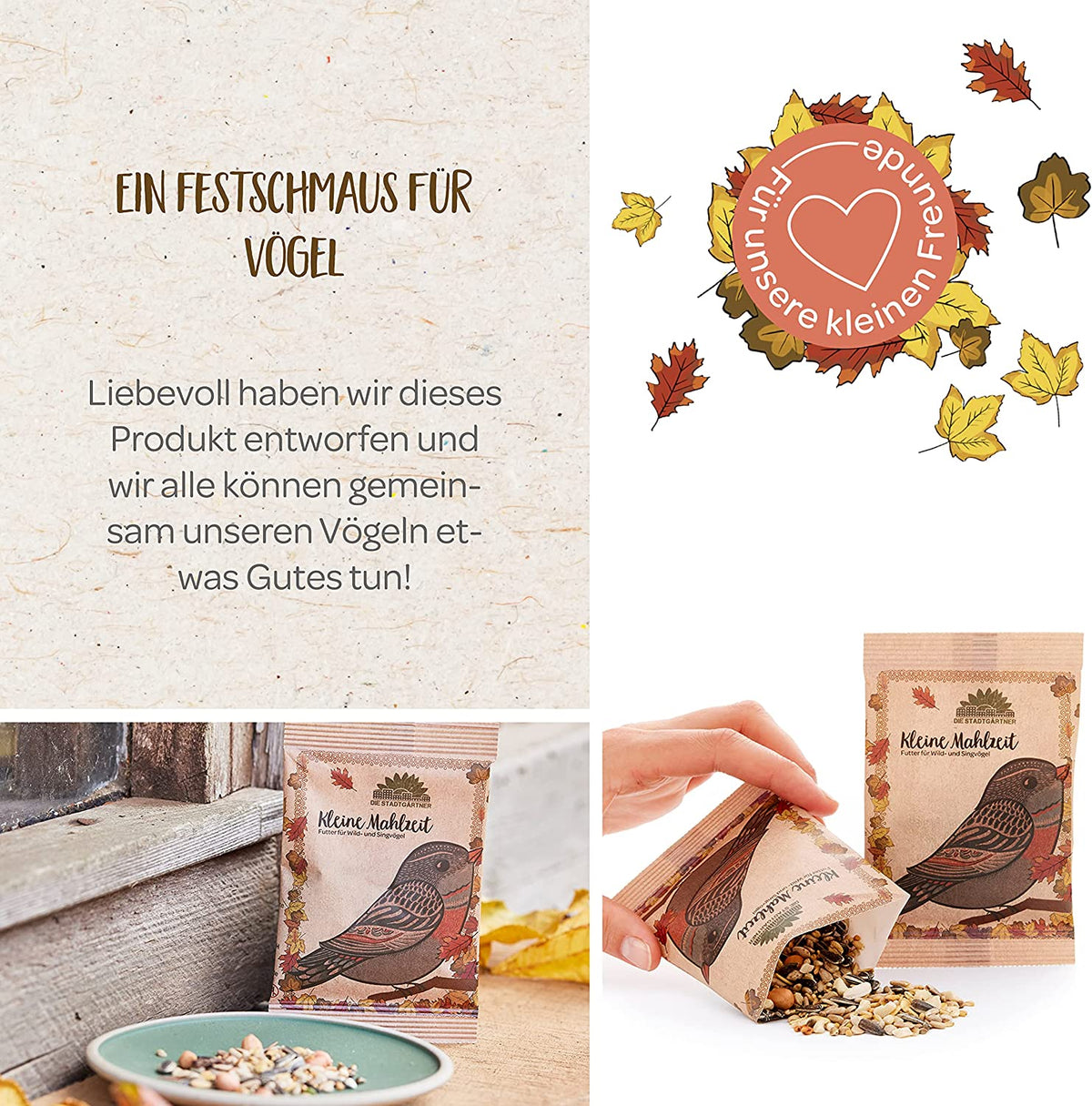 Un paquete de comida para pájaros con un diseño festivo con la inscripción "Little Meal" y un mirlo ilustrado, junto a él cuencos de comida para pájaros, hojas de otoño y un corazón con el texto "Para nuestros pequeños amigos".