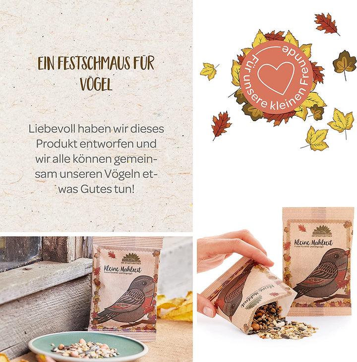 Un paquete de comida para pájaros con un diseño festivo con la inscripción "Little Meal" y un mirlo ilustrado, junto a él cuencos de comida para pájaros, hojas de otoño y un corazón con el texto "Para nuestros pequeños amigos".