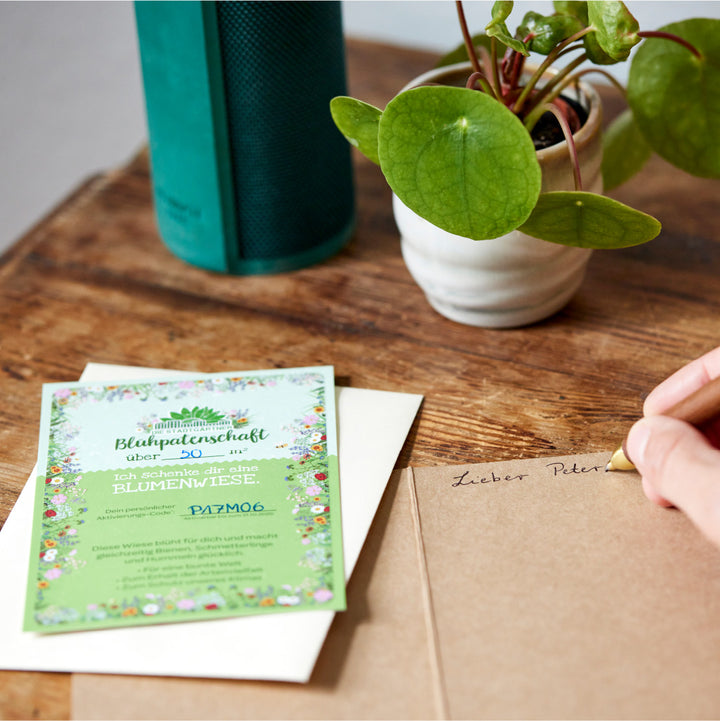 Una mano escribe en un sobre junto a una tarjeta de regalo sobre el patrocinio de flores y una planta sobre una mesa de madera.