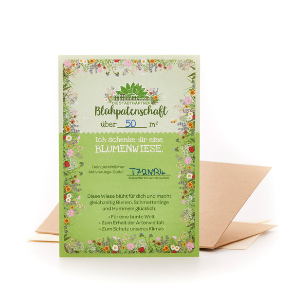 Certificado de patrocinio floral de "Die Stadtgärtner" para un prado de flores de 50 metros cuadrados con código de activación y diseño natural.