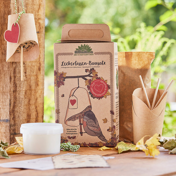 Embalaje de un kit de golosinas para pájaros con campana de alimentación y decoración natural de fondo.