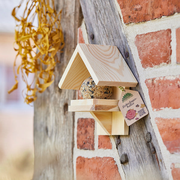 Casa de pájaros de madera con bolas de sebo fijadas a una pared de ladrillos.