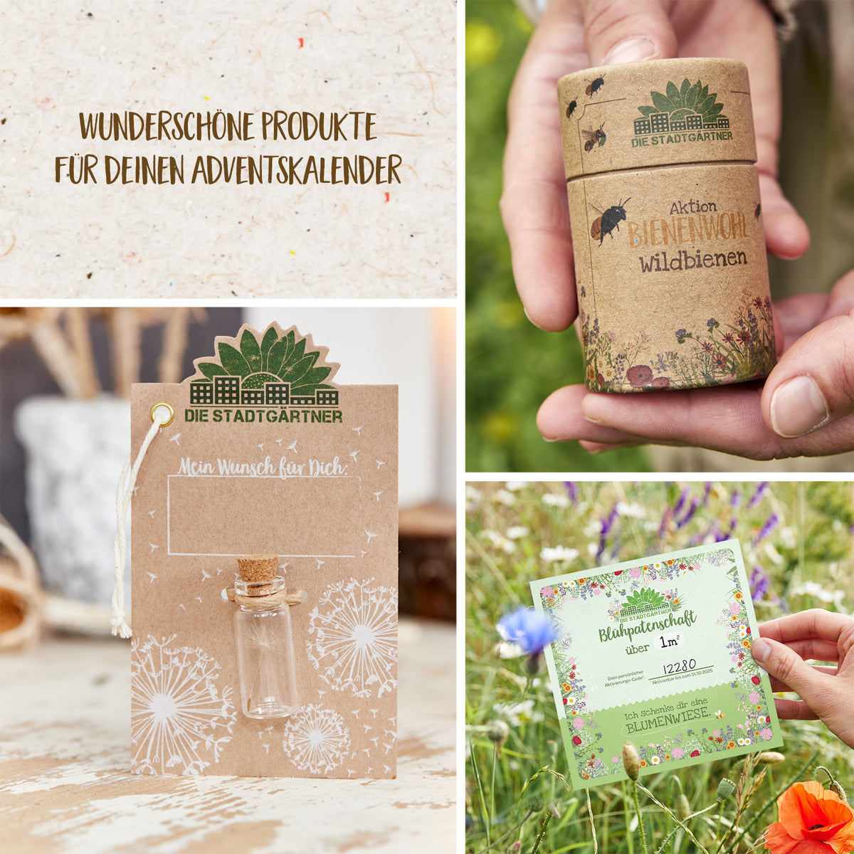 "Collage de productos ecológicos, que incluye una tarjeta, paquetes de semillas y un amuleto de la suerte, con textos en alemán sobre sostenibilidad y naturaleza".